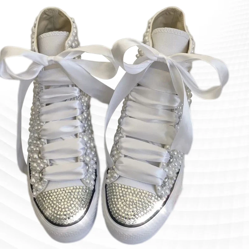 Thick white pearl rhinestones wedding party party canvas shoes handmade custom large size high top women\'s casual sneakers 35-40