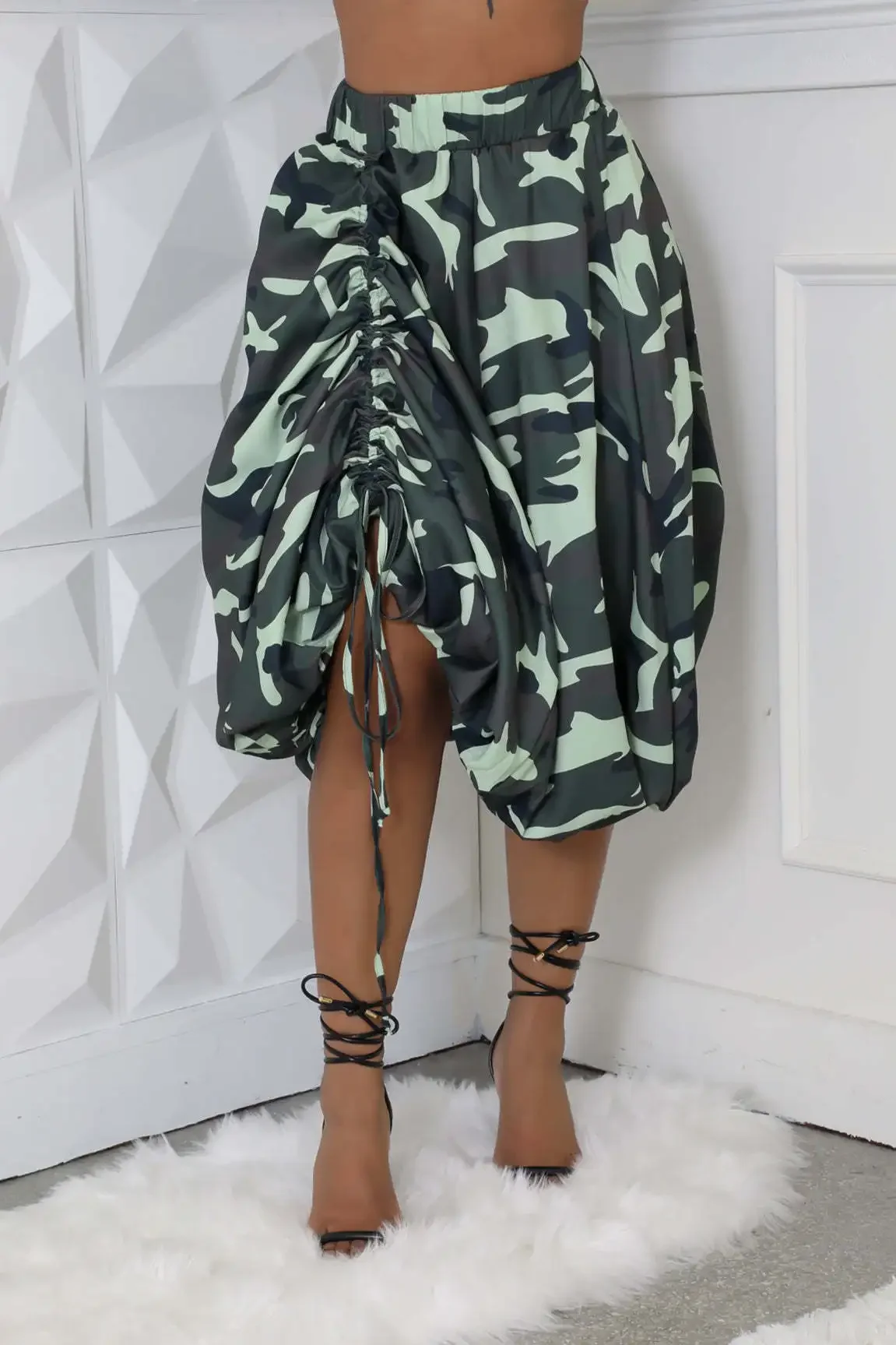 2024 Fall Party Bud Drawstring Midi Long Skirts Women Leopard Camouflage Print Ball Gown Lantern Skirts Elegant Holiday