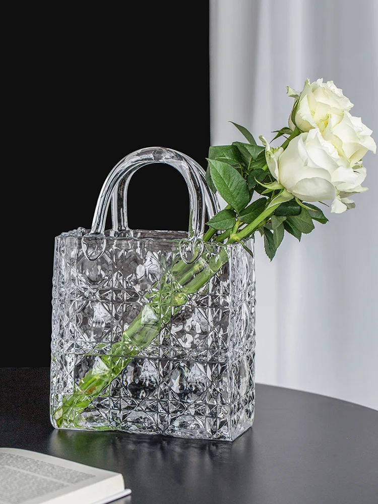 Crystal Handbag Flower Vase Home Decorative Accories Transparent Water Cultivated Roses Soft Home Decor Basket European St...