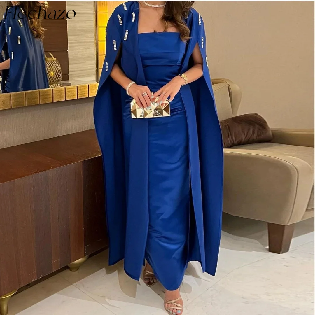 

Flechazo Royal Blue Satin Prom Dresses Shawl Strapless Ankle-Length Beading Formal Party Dress For Women 2024 فساتين السهرة