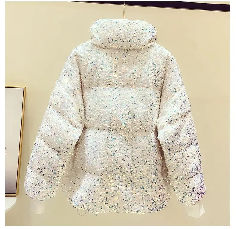 Luxury Crystal Sequins Thickened Down Cotton Coat  Ladies Fashion Loose Bread Jacket White Casual Winter Warm Coat Parkas Women