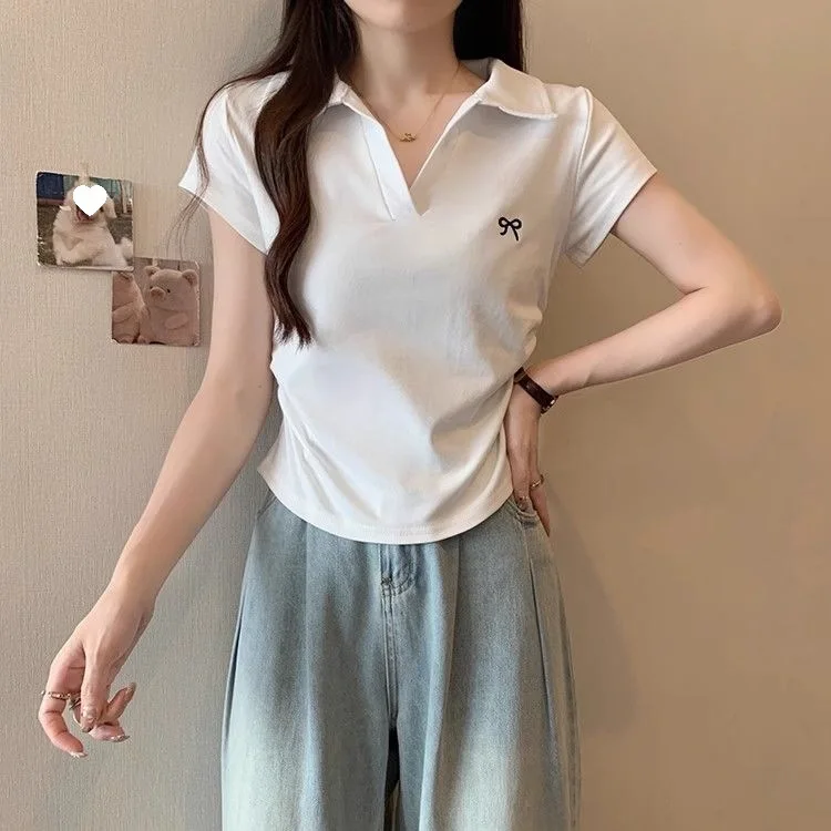 

Bow Embroidery POLO Neck Short Sleeve T-Shirt Women's Lapel Slim-Fit Cotton Top