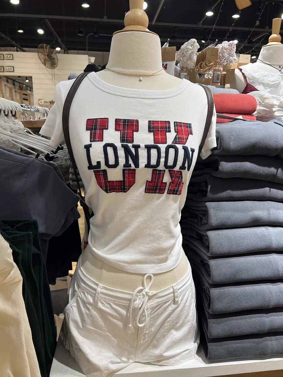 

Letter Embroidery Slim Crop Top Woman Streetwear Round Neck Cotton Short Sleeve Tees American Vintage Sweet White T-shirt Y2k