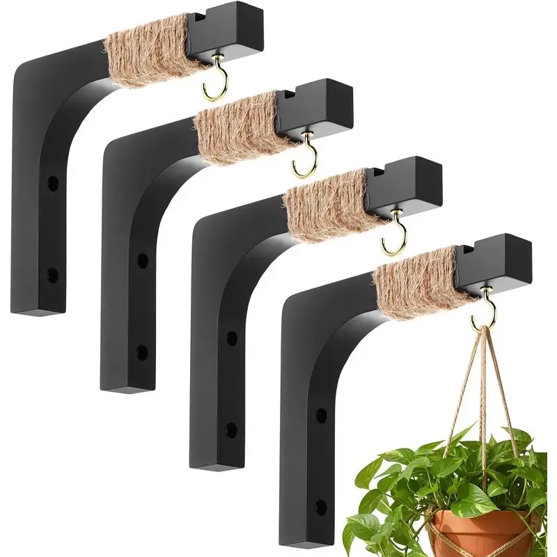 1Pc 6Inch Black Wooden Wall‑Mount Plant Hook Farmhouse Hanging Basket Bracket for Indoor Outdoor Garden Home Wall Decoration