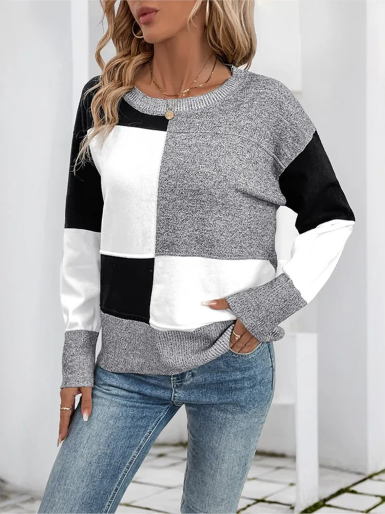 

Winter Clothes Woman Pulls Femmes Trendy Loose Contrast Color Long-sleeved Sweater All-match Loose Simple Style Pullover Casual