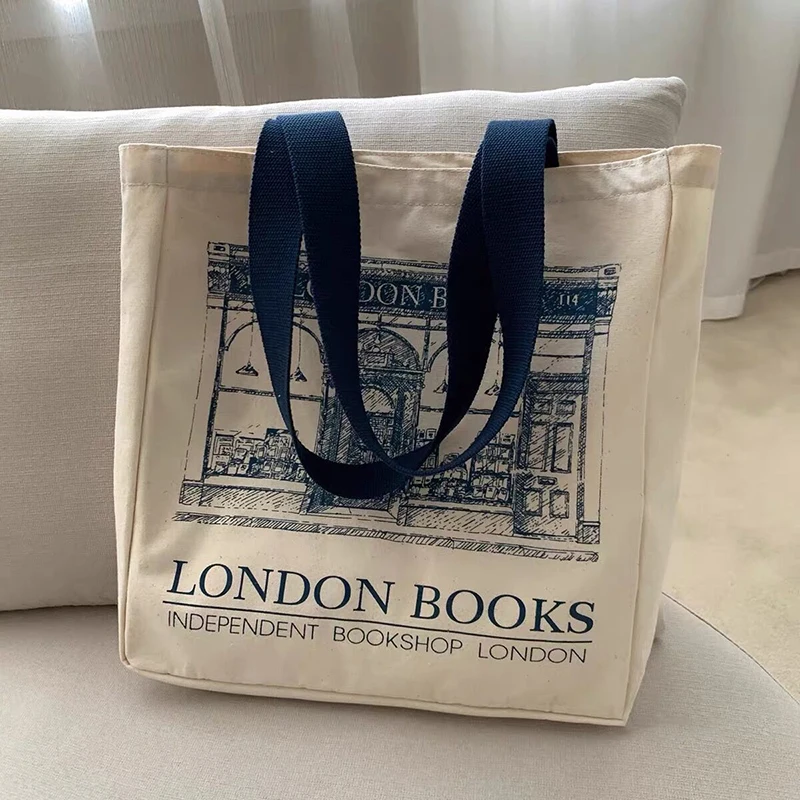 Women Canvas Shoulder Bag London Books Print Ladies Casual Handbag Tote Bag Reusable Large Capacity Cotton Shopping Beach Bag