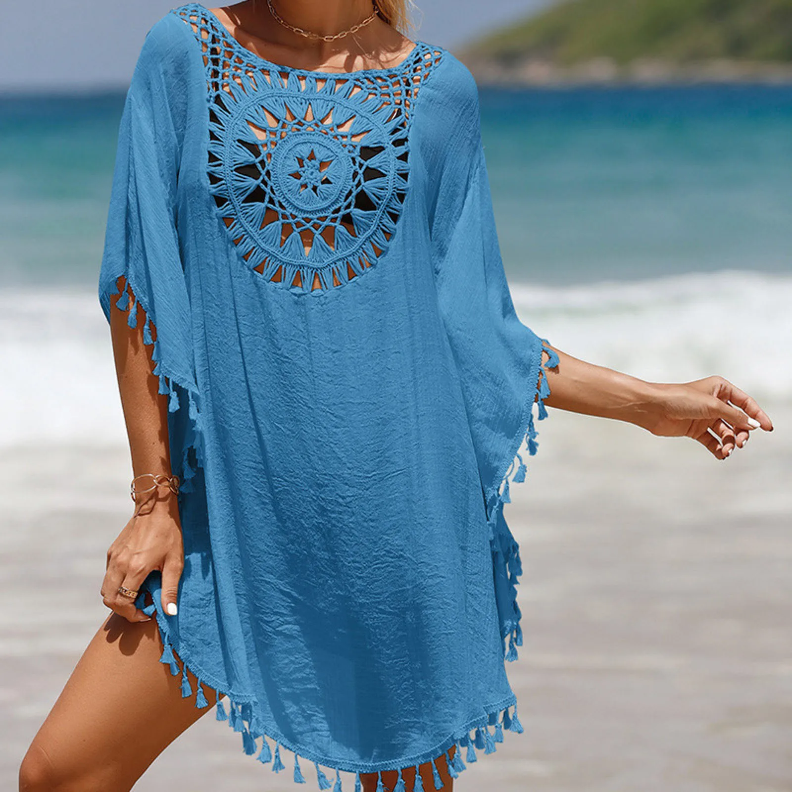 2023 Women Solid Hollow Cover Ups Small Tassel Beach Dress Short Sexy Loose Cover Up Fashion Ladies Bathing Swimsuit