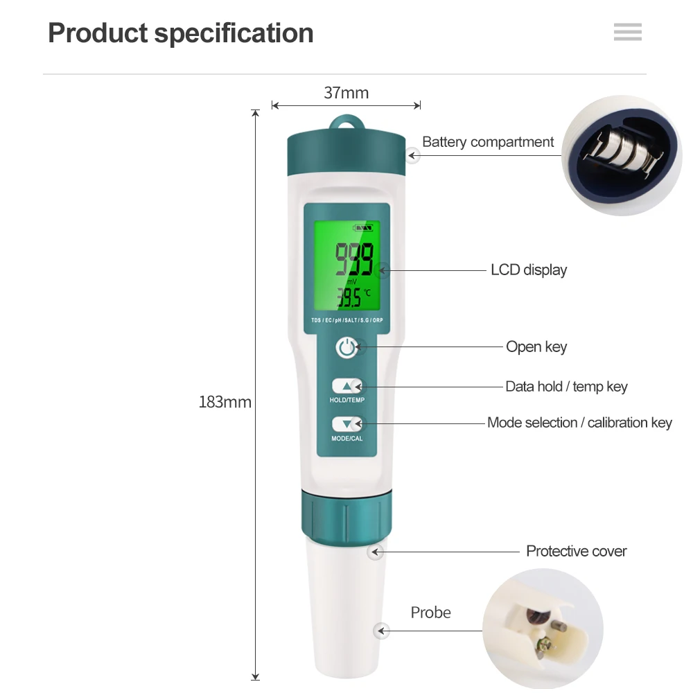 7 In 1 Digital ORP PH TDS EC Meter Salinity SG Temperature Tester Conductivity Water Filter Purity Pen with Backlight