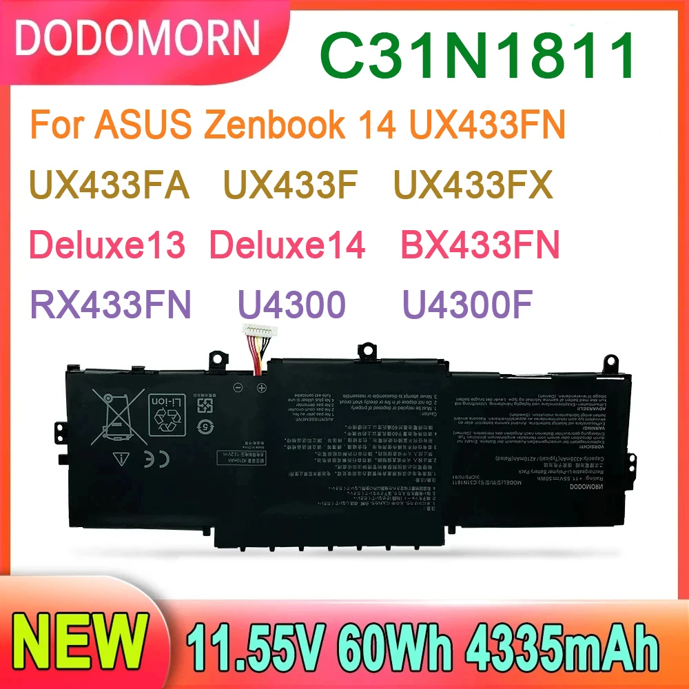 DODOMORN C31N1811 Laptop Battery For ASUS Zenbook 14 UX433FN UX433FA U4300 U4300F BX433FN RX433FN High Quality 11.55V 4335mAh