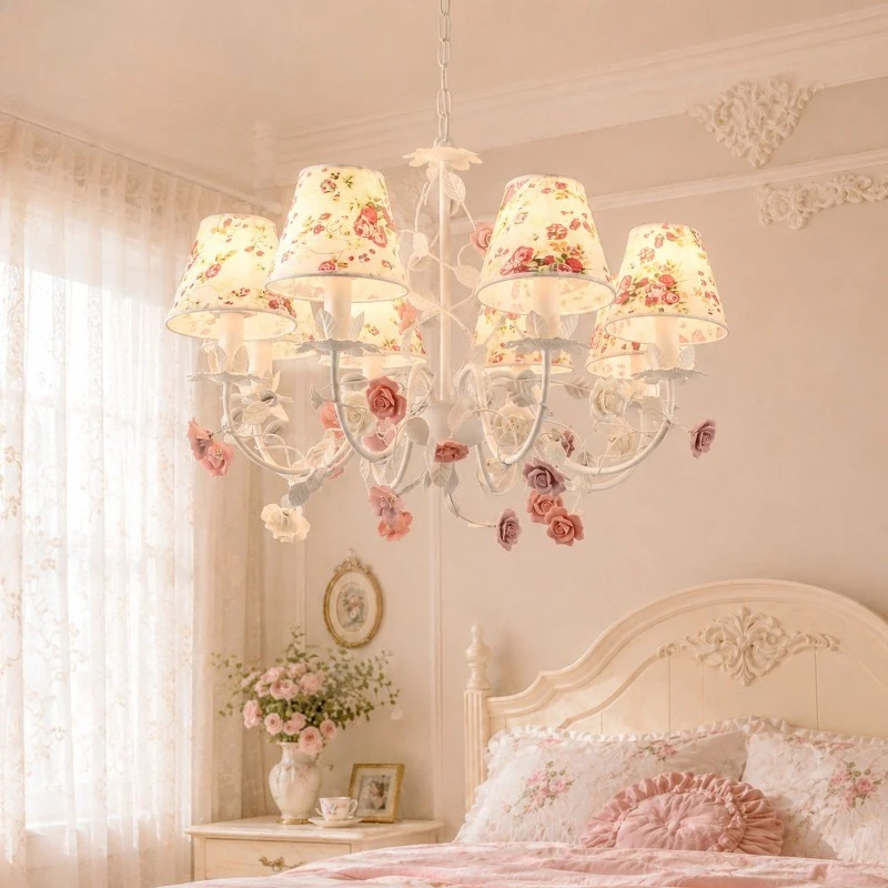 French pastoral flower bedroom chandelier, living room warm princess style girl room rose dining room dopamine lamp