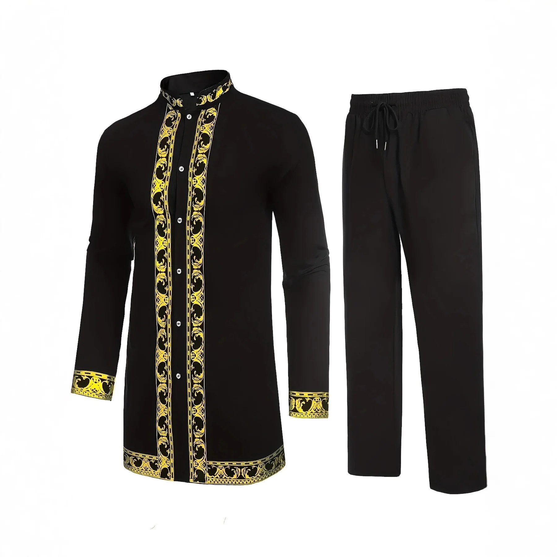 Men's Hot Stamping Clothes Suits Polyester Long-Sleeve Tunics+pants 2Pcs Sets African Kaftan Dashiki Party Muslim Business Suit