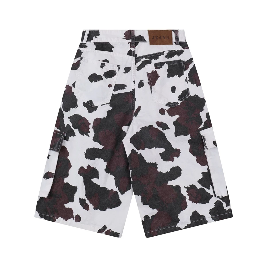 Cow Camouflage Cargo Shorts Mens Streetwear Hip Hop Multiple Pockets Short Men Harajuku Vintage Cotton Calf Length Pants Male