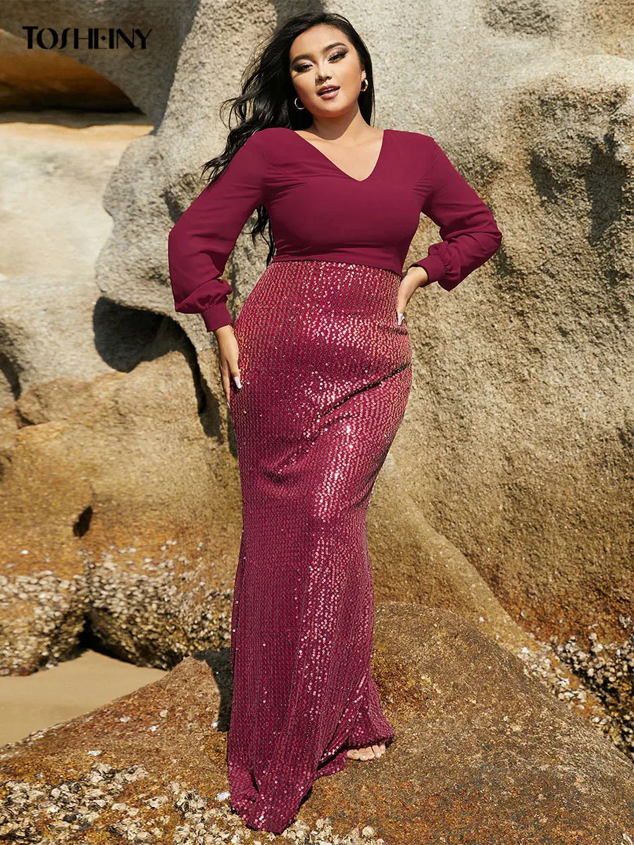 Tosheiny Plus Size Deep Sequin Formal Prom Party Gown Sleeve Design Deep V-Neck Ankle Length Wedding Cocktail Dresses