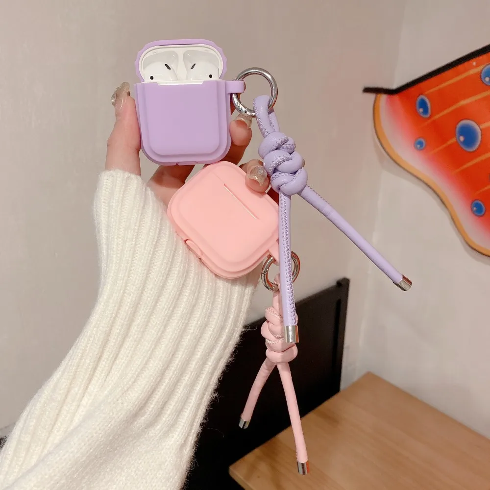 حافظة من السيليكون الوردي لأجهزة AirPods 4 3 2 1 Pro 2 مع حبل معلق منسوج سماعة رأس Coque لأجهزة AirPods Pro2 Pro 2 2nd Cases Capa