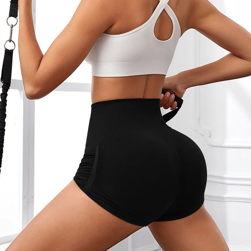 Women Seamless with Wrinkles Shorts Fitness Yoga Shorts High Waist Push Up Butt Gym Sexy High Elastic Trainning Slim Leggings