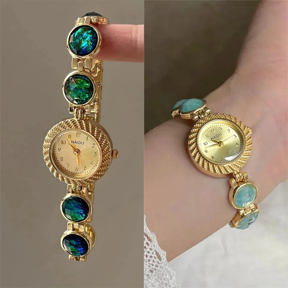 

Часы с драгоценными камнями, новинка 2025, винтажные часы для женщин, легкие роскошные персонализированные ретро-часы с золотым браслетом, Reloj Mujer