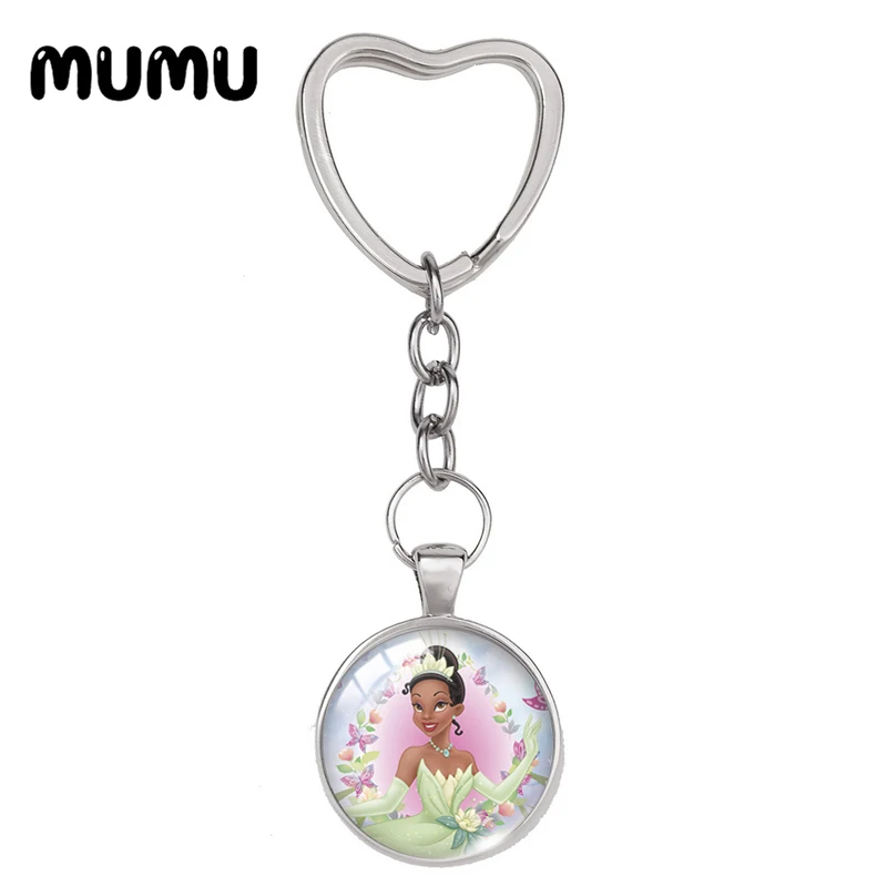 2024 New Tiana Heart Keyring The Princess and Frog Keychain Glass Dome Cabochon Jewelry Gifts Children