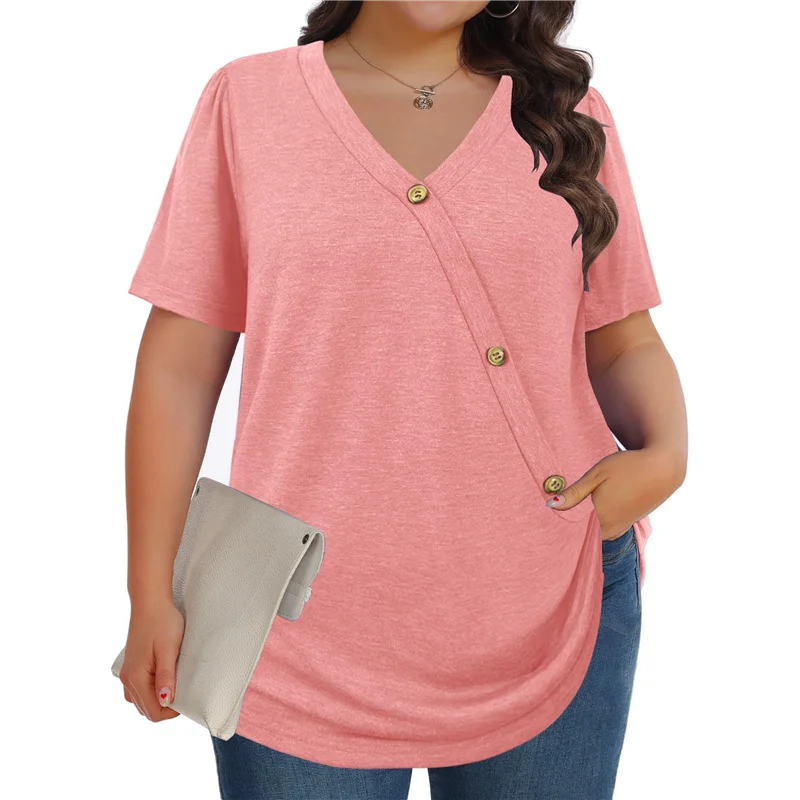 

ASDS-Женские однотонные топы с короткими рукавами, повседневная футболка на пуговицах с v-образным вырезом