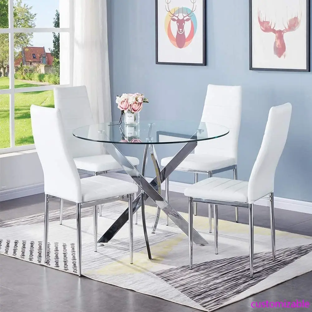 Round Tempered Glass Dining Table Set for 4, 5-Piece Modern Kitchen Table Set with 4 High-Back Upholstered Chair for Kitchen