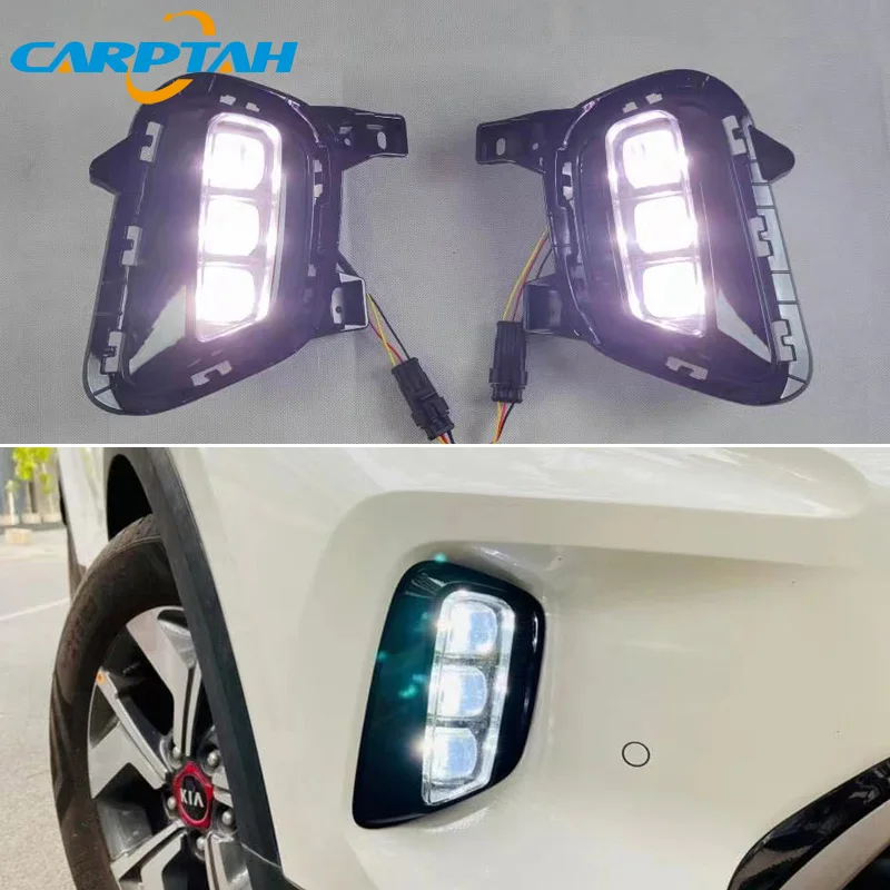 Car LED DRL 12V Daylights For Kia Sonet 2020 2021 Yellow Turn Signal Daytime Running Headlamps Auto Driving Lamp Foglamps