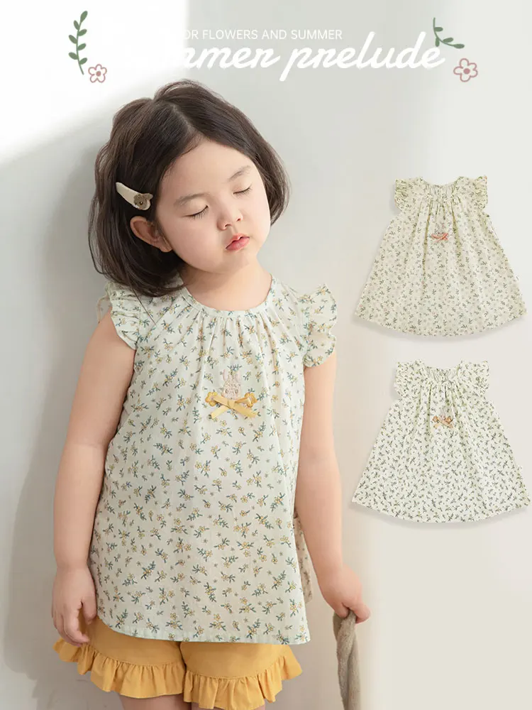 Girl's Floral Dress Summer Children's Energetic Cute Pleated Flying Sleeves Rabbit Dress