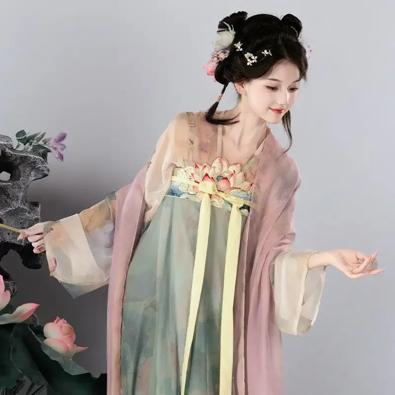 Chiński styl Hanfu Lotus Tang Cienka haftowana spódnica Ruqun Spódnica Ragged Spódnica Wróżka Letni garnitur Hanfu Kobiety Elegancki zestaw Hanfu