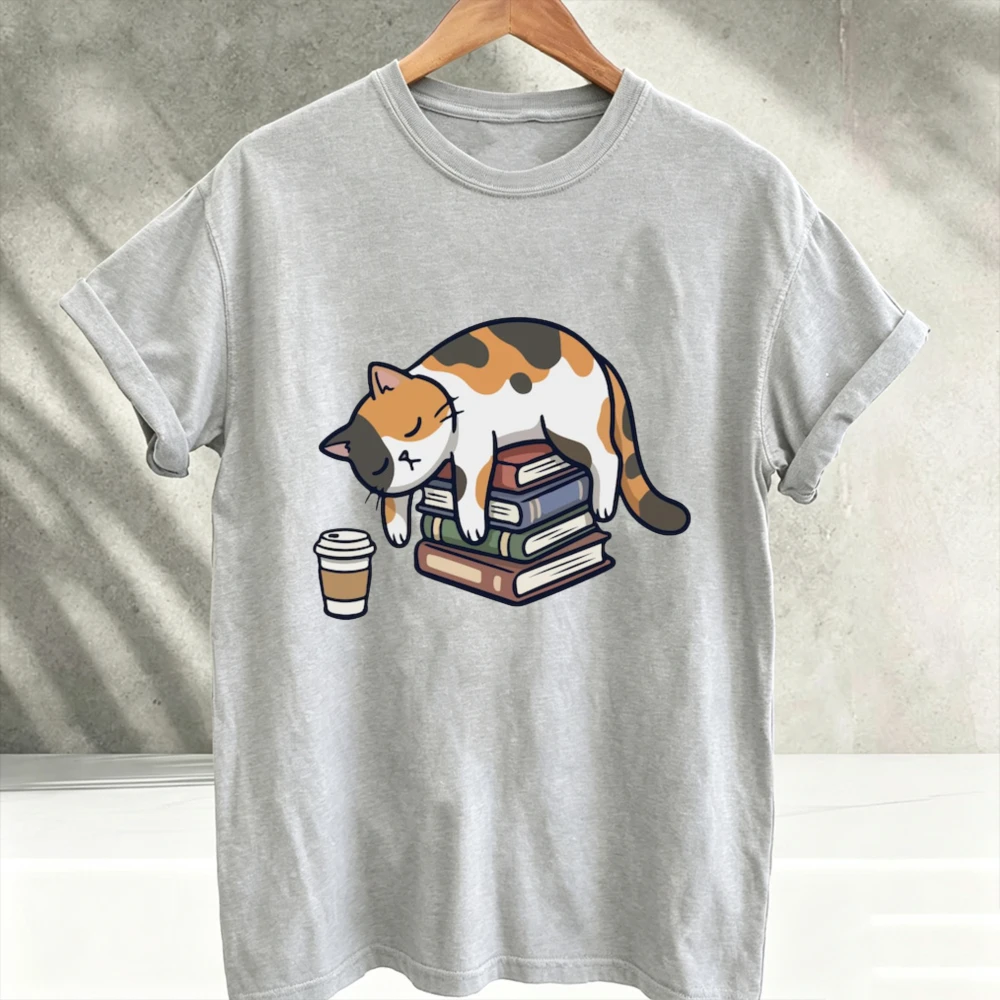 Sleeping Calico Cat on Stack Books Coffee Cup Graphic T-Shirt Book Lover Cute Kitty Print Cotton Short Sleeve Reader Gift Tees