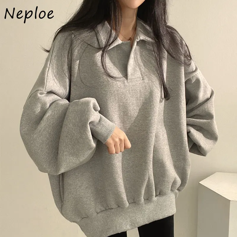 Neploe 여성용 캐주얼 올 매치 라펠 칼라 단색 의류, 한국 시크 후드, 2024 가을 루즈 벨벳 두꺼운 스웨트 셔츠