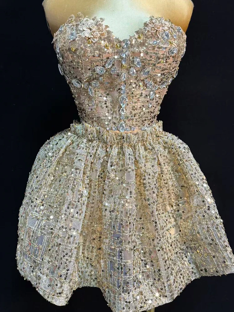 design Sequines crystal costume for women sliver Party Prom strapless mini skirt 2 pcs sets dance birthday nightclub performance