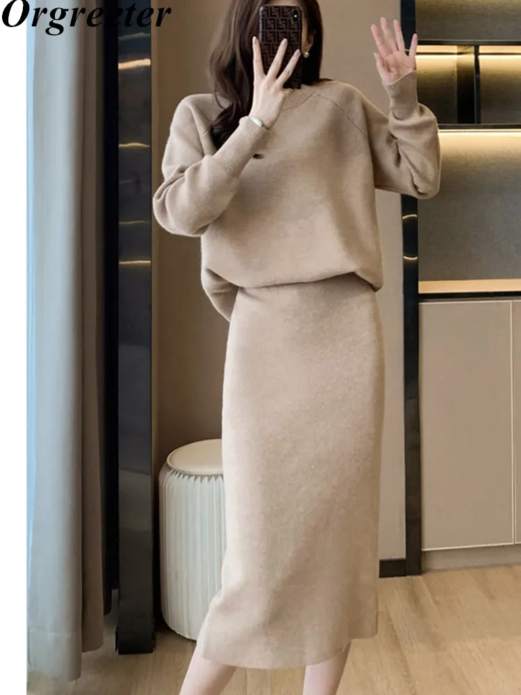 Minimalism Solid Knitted Two Piece Sets Women Outfits Elegant Raglan Sleeve Loose Sweater and Split Mid Skirt Sets