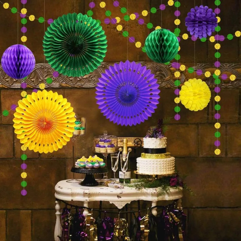 Mardi Gras Gold Purple Green Glitter Circle Garland Hanging Paper Fan Tissue Pompoms for Fat Tuesday Mardi Gras Party Decoration image 3
