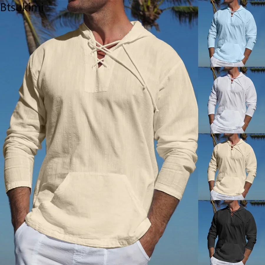 

2024 Men's Casual Long Sleeve Tee Shirt Hooded Cotton Linen Loose Tops Shirts Man Husband Holiday Beach Shirts Male Ropa Hombre