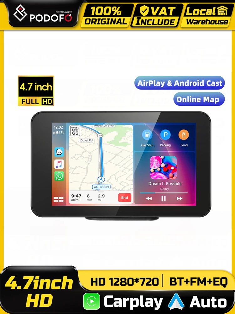 Podofo 4,7'' Carplay Armaturenbrett-Monitor Android Auto Mirror Link Tragbare Auto-Dashcam Videorekorder BT FM-Übertragung USB TF-Karte EQ-Sound