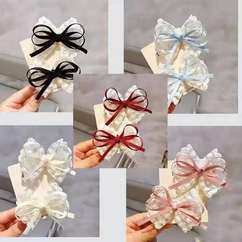 *2Pcs Blue Red Black Hair Clip Bow Hairpins Cloth Bow Side Bangs Clip Ribbon Side Hair Pins Barrettes Headwear Girls Pair Clips