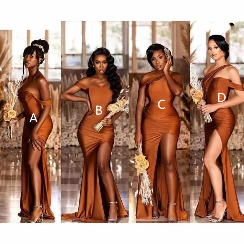 Four Style African Bridesmaid Dresses Mermaid Off The Shoulder Split Satin Wedding Party Dress Formal Prom Gowns For Black Girl