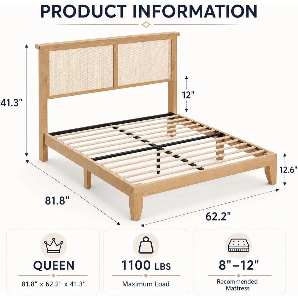 Size Wood Bed Frame with LED Light and Rattan Headboard