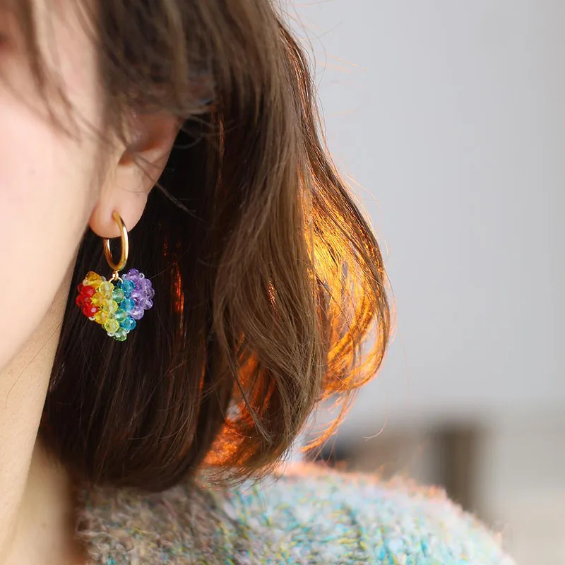 Handmade Woven Crystal Heart Pendant Earrings New trend Rainbow Earrings Female Stainless Steel Ear Clip Without Ear Hole image 2