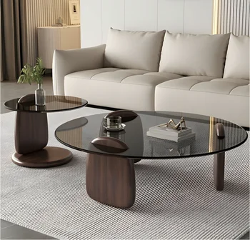 Image Glass Round Coffee Table Nesting Table Set of 2, Rustic Low Coffee Table Modern Center Table with Wood Base, Brown Glass Accent