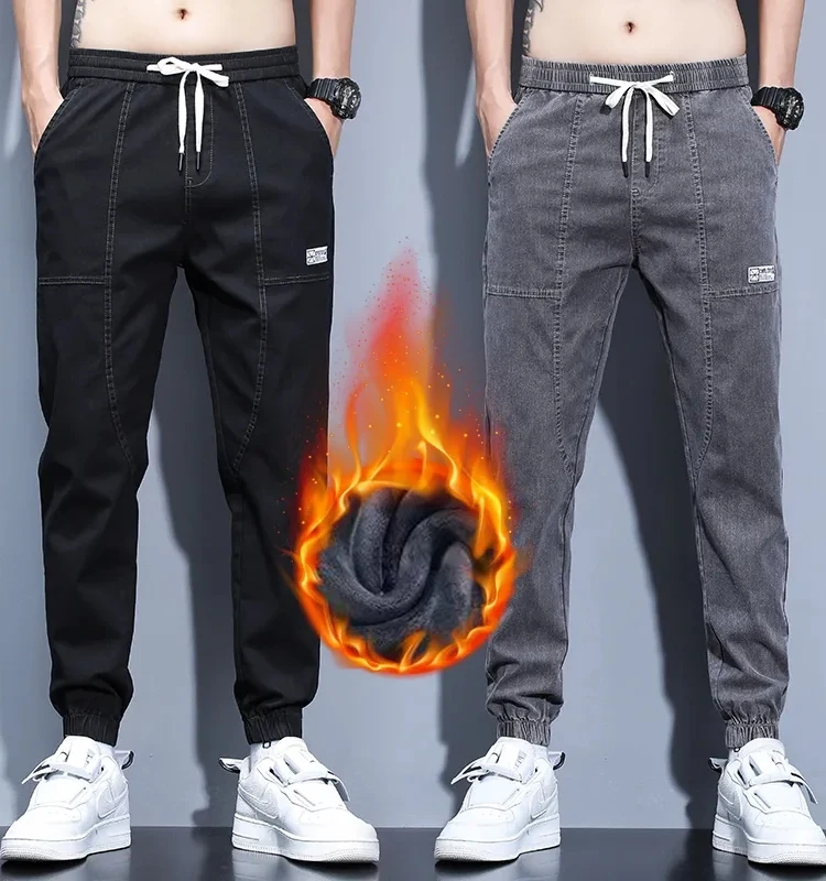 

Thiened Winter Jeans Men's Large Size Fce Lined Denim Pants for Work Harlan Sle mid Waist Long Trousers Trendy Youth