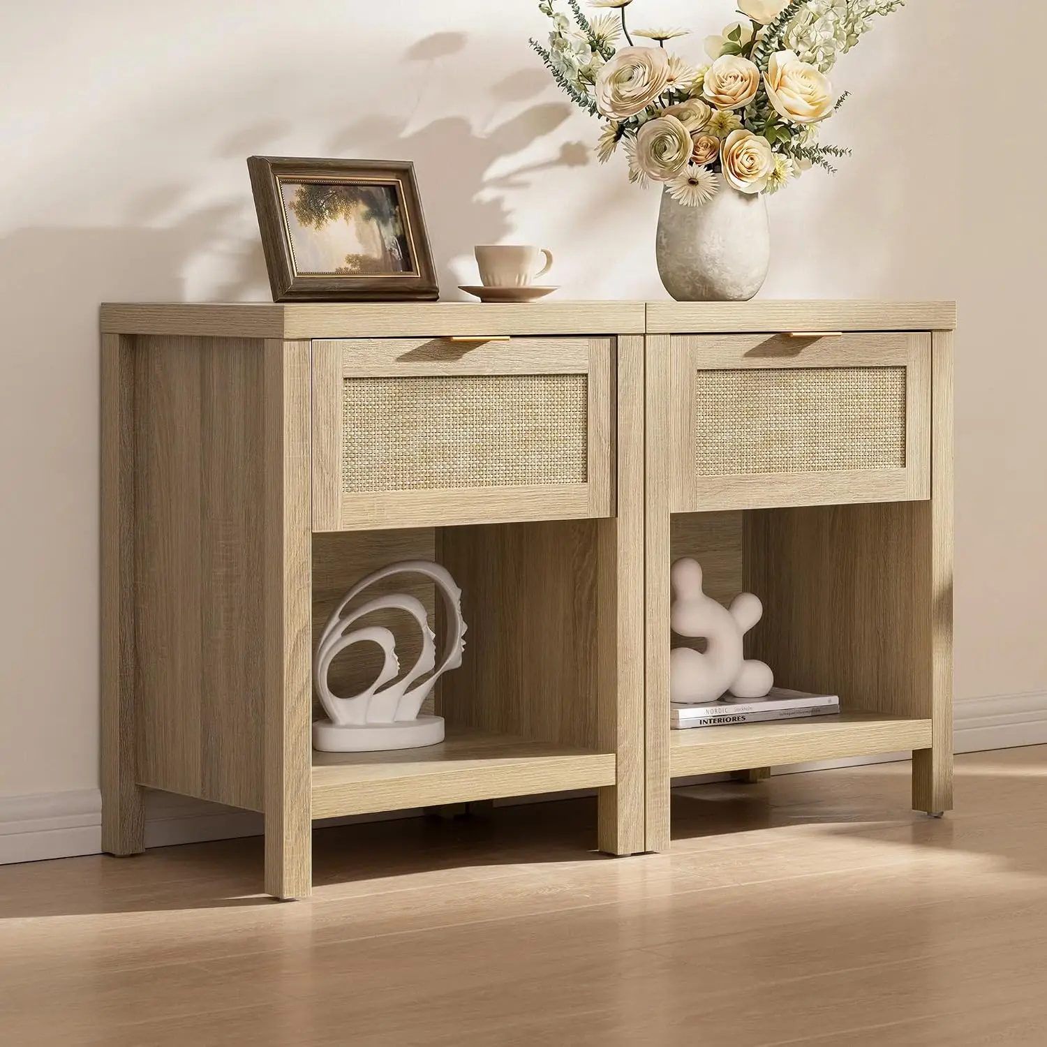 Rattan Nightstands Set of 2, Farmhouse Night Stand Bedside Table with Drawer and Storage Shelf - Boho End Side, Customized