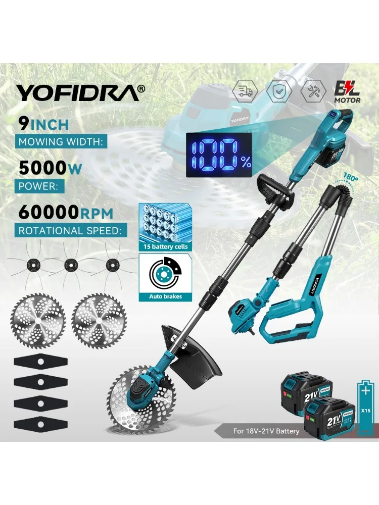YOFIDRA Bürstenloser 9-Zoll-Elektro-Rasenmäher 60000 U/min Kabelloser Rasentrimmer Verstellbares Gartenwerkzeug für Makita 21V Akku