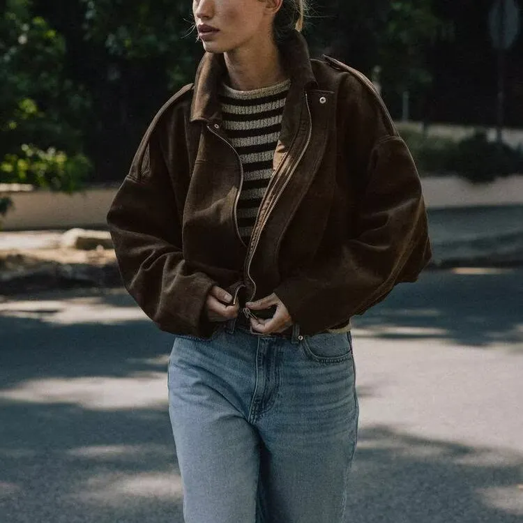 Faionable Pilots Jaet Women's ort Outerwear Autumn New Sle 2025 Street Sle Long Sve Velvet Feel Lapel Zipper Clo...