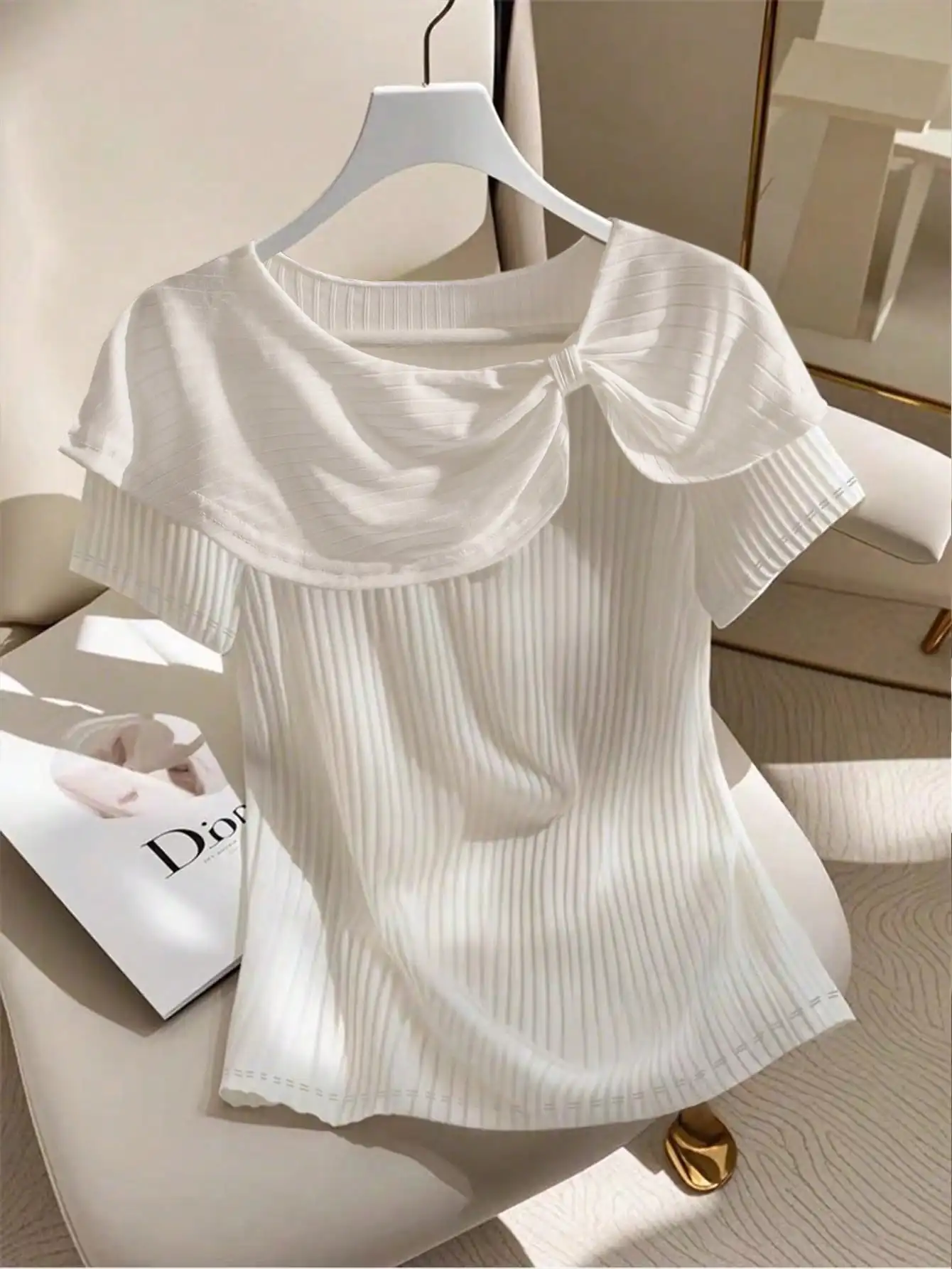 

Plus Size Women's Solid Color Twist Knot Short Sleeve Ribbed Casual Versatile T-Shirt