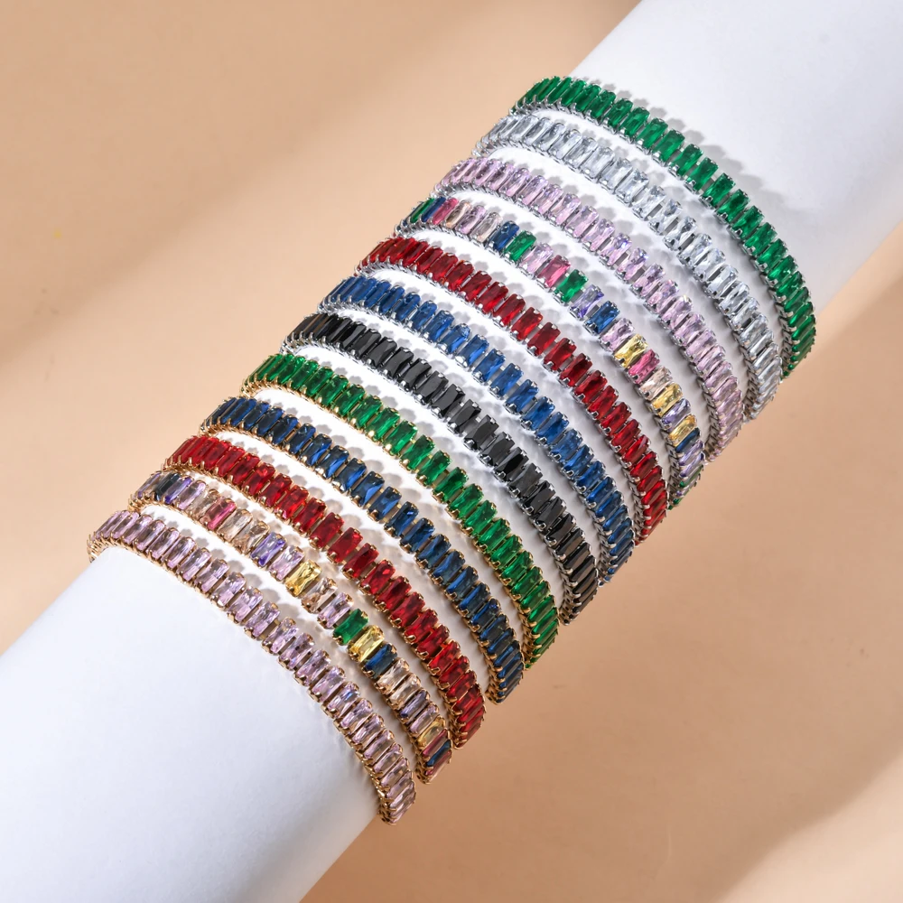 ZMZY Rainbow Iced Out Crystal Tennis Bracelets Women Men Trendy Unisex Accessories Squares Hand Stainless steel Chain Jewelry