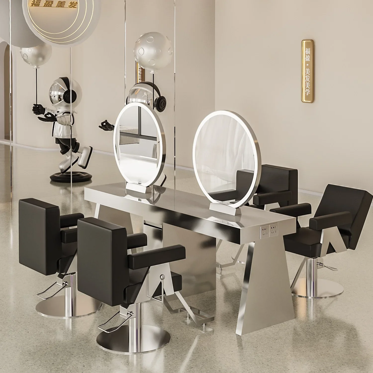 Special perm and dyeing area for hair cutting, mirror table and hair salon with light barber shop, mirror cabinet integrated