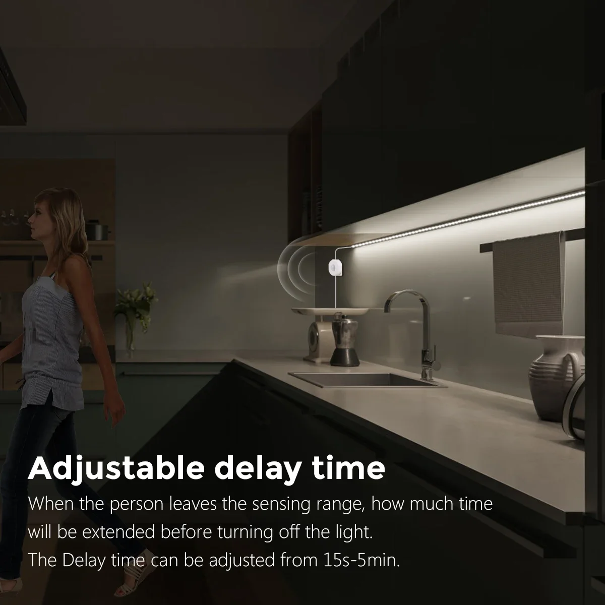 12V PIR Motion Sensor LED Strip Light SMD2835 Waterproof Delay Time Adjustable With 2 Modes For Bedroom Corridor Stairs Kitchen