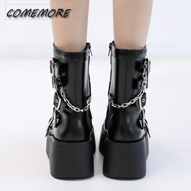 Punk Metal Buckle Platfom Ankle Boots Women 2022 Autumn PU Leather Chunky Heels Gothic Shoes Woman Thick Bottom Motorcycle Botas