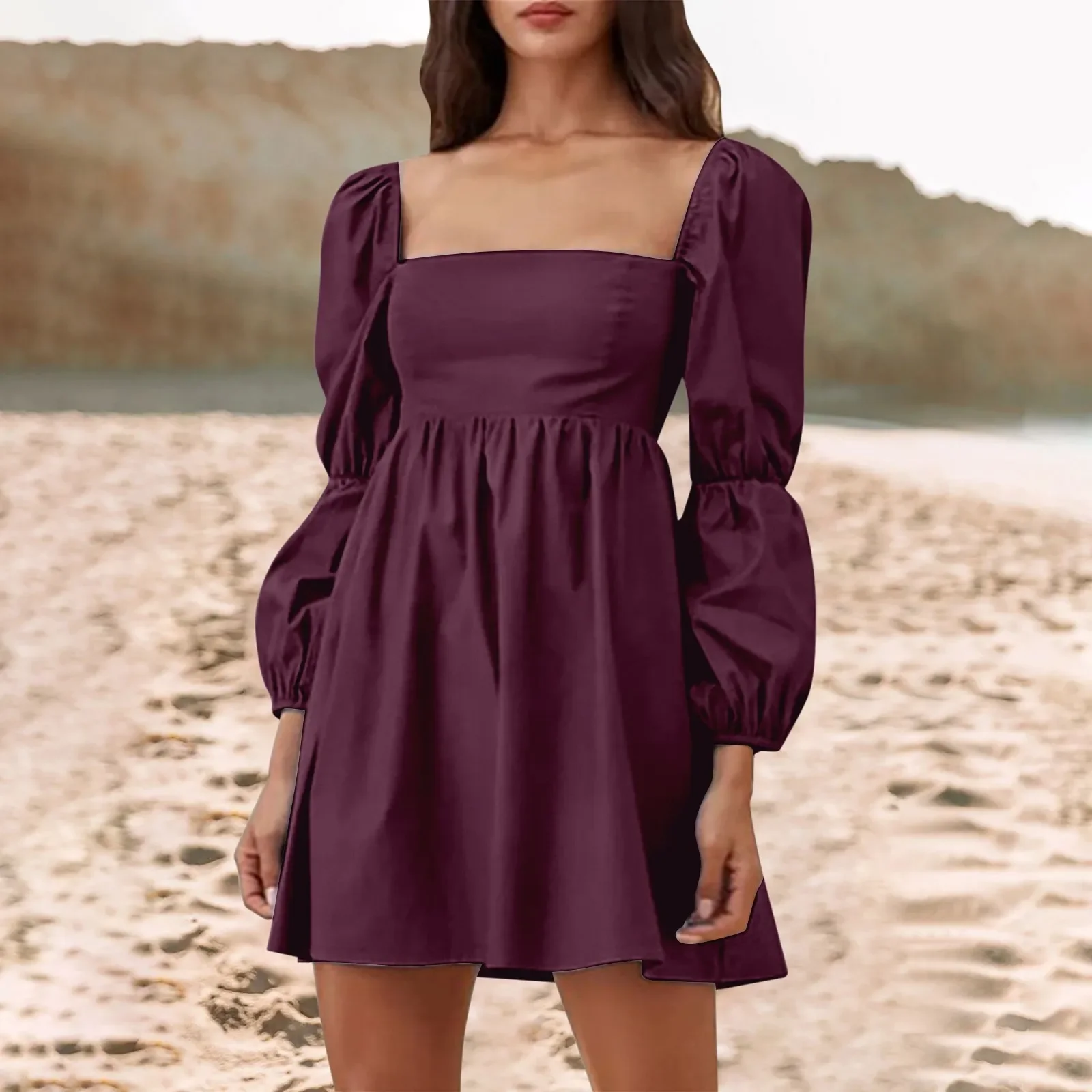 Dresses For Women 2024 Gothic Clothes Square Neck Solid Color Mini Dress Back Shirred Long Double Puff Sleeve Dress Halloween