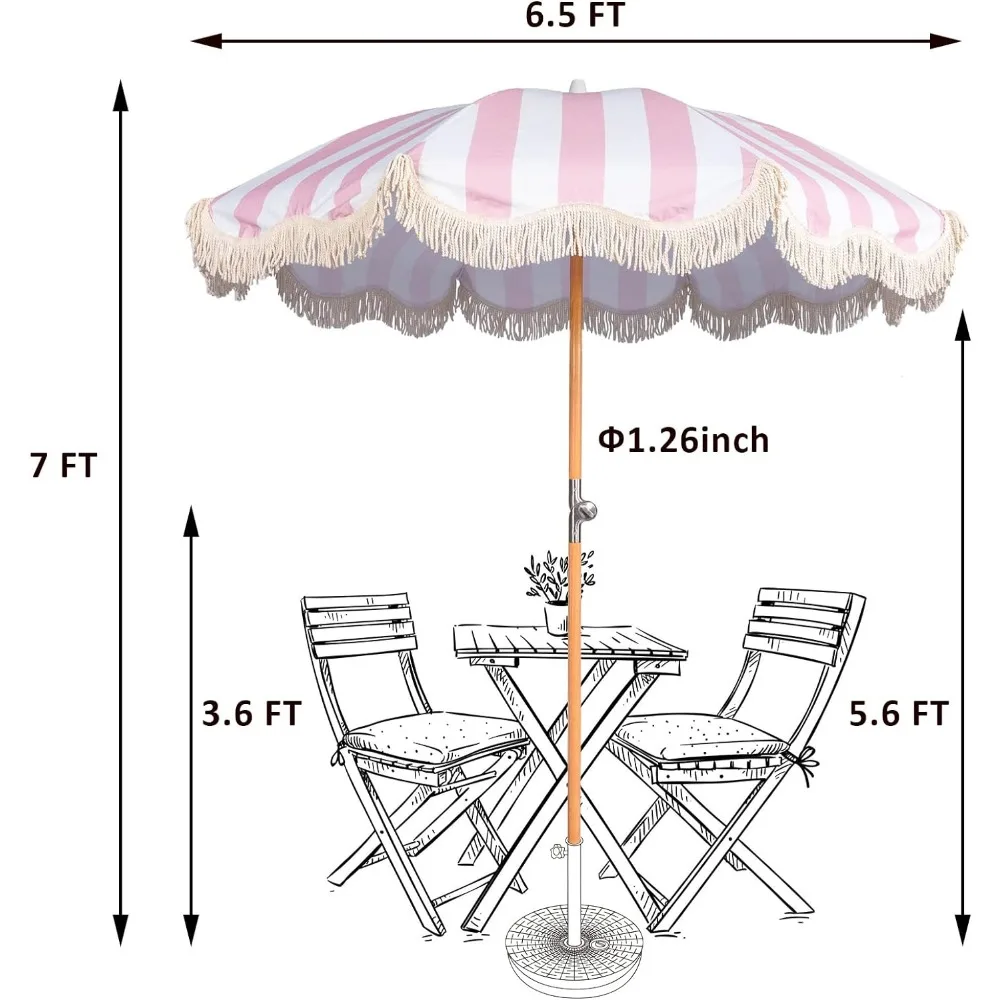 Ombrellone da spiaggia con frange, UPF 50 + ombrelloni pieghevoli con nappe Boho con borsa per il trasporto, palo in legno Premium, ombrellone da spiaggia da 6,5 piedi