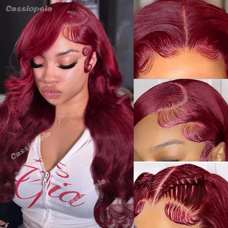 

99J Бордовый парик Человеческие волосы 13x6 13x4 Объемная волна Парики фронта шнурка Человеческие волосы 180 Плотность Предварительно выщипанные винно-красного цвета для женщин